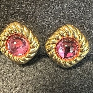 127- Trifari Gold and Pink Cabochon Stud Earrings